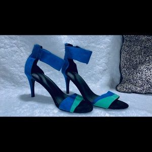 Blue, and teal ankle strap heels